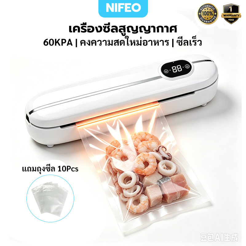 NIFEO เครื่องซีลสูญญากาศ 60KPa กำลังดูดสูง แรงดูด ารใช้แบบเปียกและแห้ง อาหารสิ่งประดิษฐ์ที่เก็บรักษา ฟรีถุงสูญญากาศ10pcs