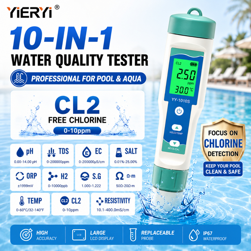 RCYAGO เครื่องวัดน้ำ 10in1 วัดคลอรีน CL pH TDS EC ORP ตรวจคุณภาพน้ำ สระว่ายน้ำ ตู้ปลา
