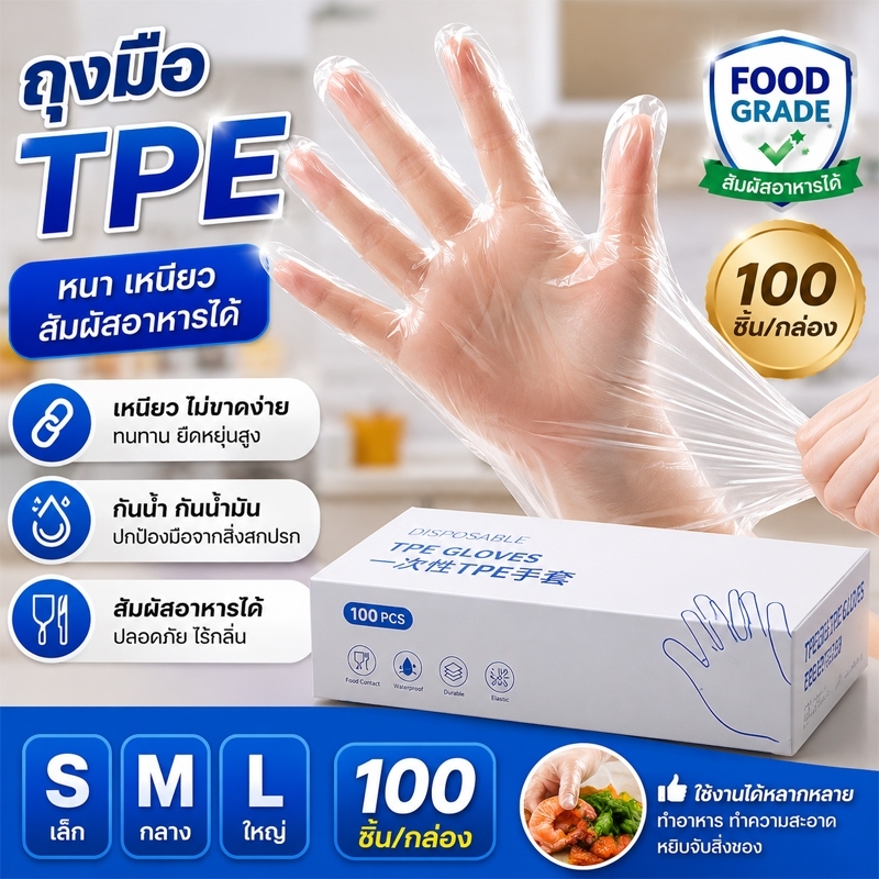 ถุงมือ TPE 100 ชิ้น ถุงมือทำอาหาร Food Grade ถุงมือพลาสติกใช้แล้วทิ้ง ถุงมืออเนกประสงค์ หนา เหนียว กันน้ำ ไซซ์ S M L