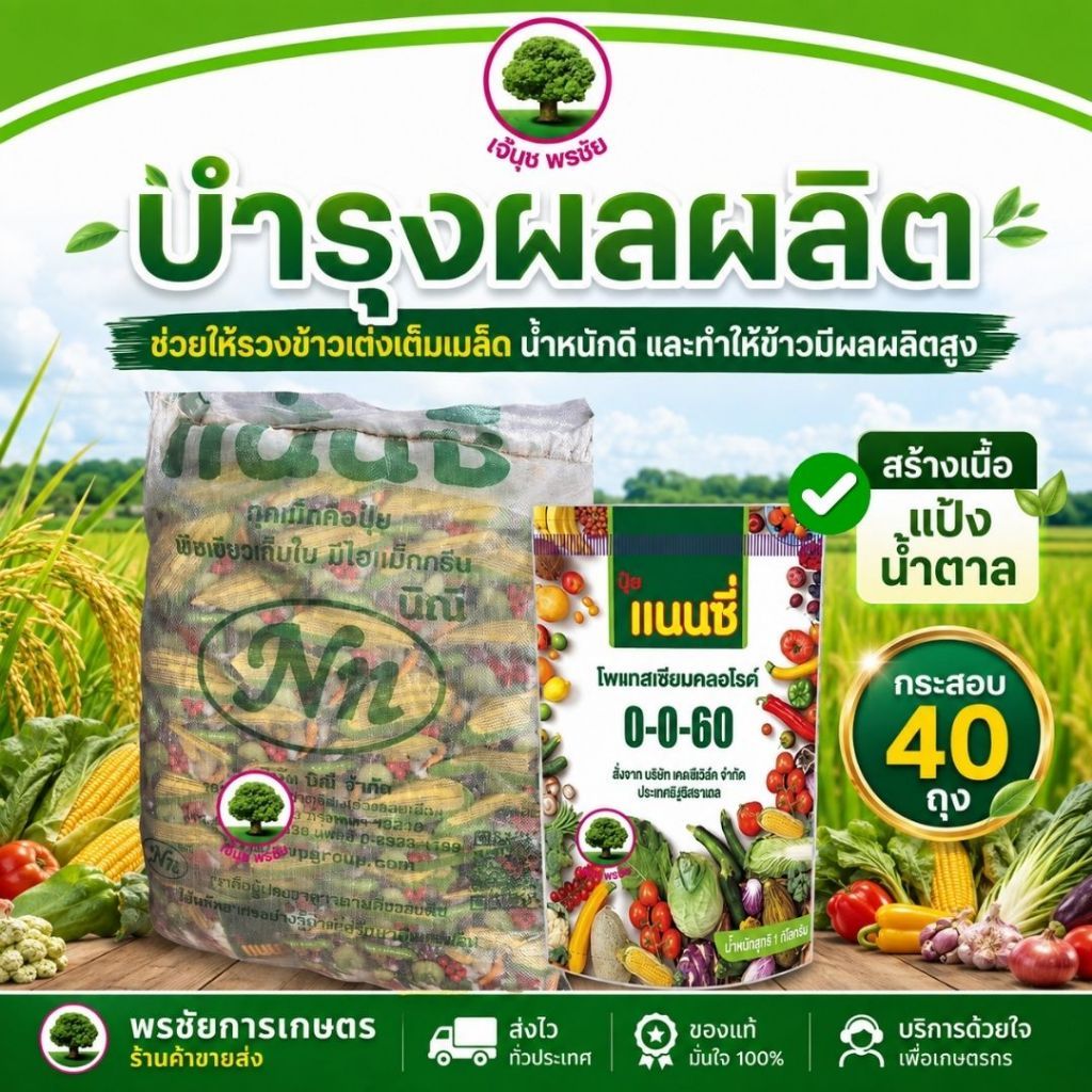 ปุ๋ยเกล็ด แนนซี่ สูตร 0-0-60 (ยกกระสอบ 40 ถุง) เน้นการสร้างแป้ง เพิ่มน้ำหนัก เพิ่มความหวาน ขยายผล ขน