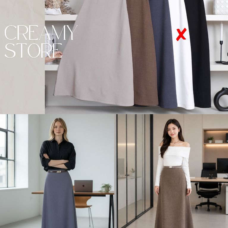 ป้ายPrisana กระโปรงยาวทรงเอย้วย ผ้าสูทสีพื้น โทนสีสุภาพ กระโปรงทำงาน CreamyStore