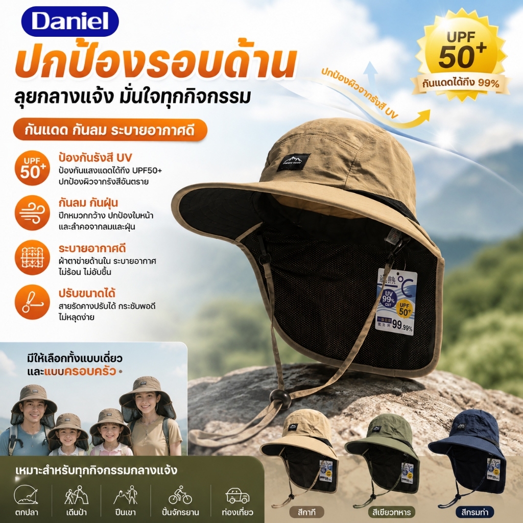 หมวกกันแดดกลางแจ้งคุณภาพสูง หมวกชาวประมง หมวกปีนเขา กันแดดระบายอากาศและระบายความร้อนสำหรับเด็ก