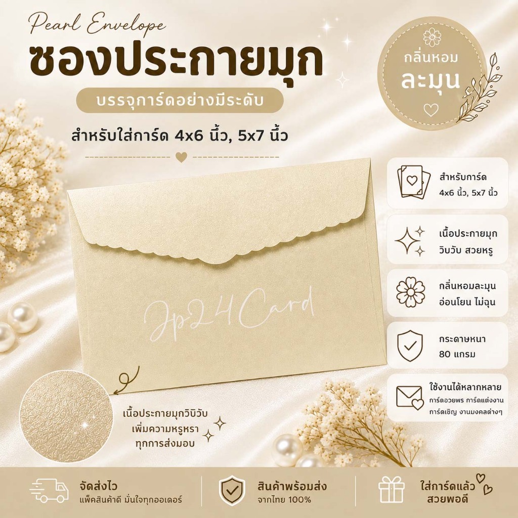 ซองประกายมุกสีครีม 5x7 นิ้ว / 4x6 นิ้ว (50ซอง/1แพ็ค) หนา 80 แกรม ซองประกายมุก ซองงานบวช การ์ดพิธีต่างๆ