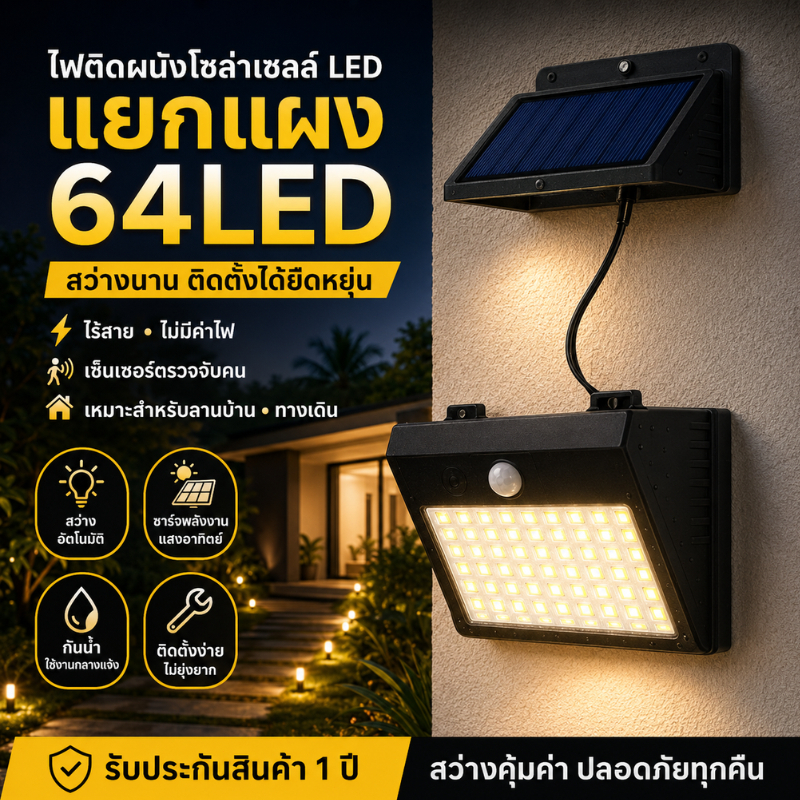 ไฟติดผนังโซล่าเซลล์ LED แยกแผง 64LED ไร้สาย ไม่มีค่าไฟ เซ็นเซอร์ตรวจจับคน ลานบ้าน ทางเดิน