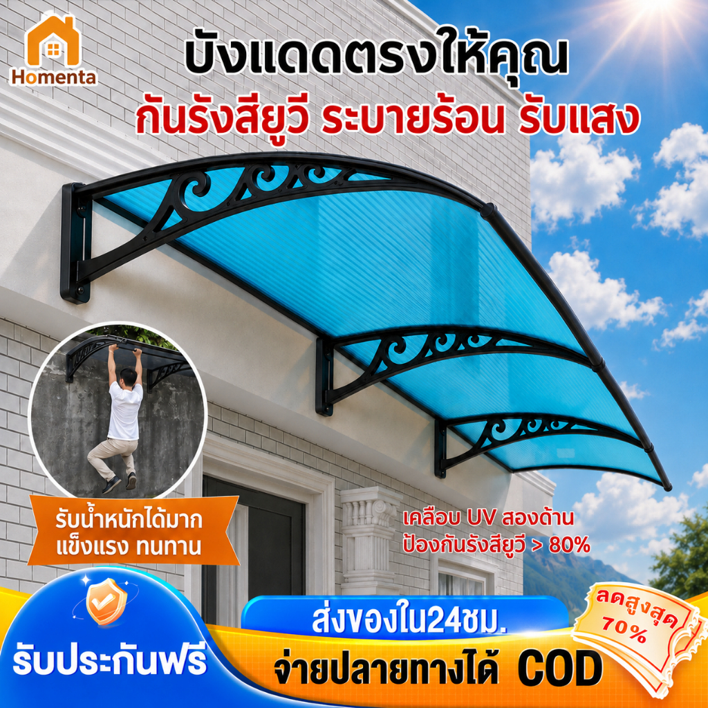 【อัปเกรด】กันสาด โพลีคาร์บอเนต กันสาดบังแดดฝน วัสดุพีวีซีหนา ติดตั้ง เอง 80*200/120*240