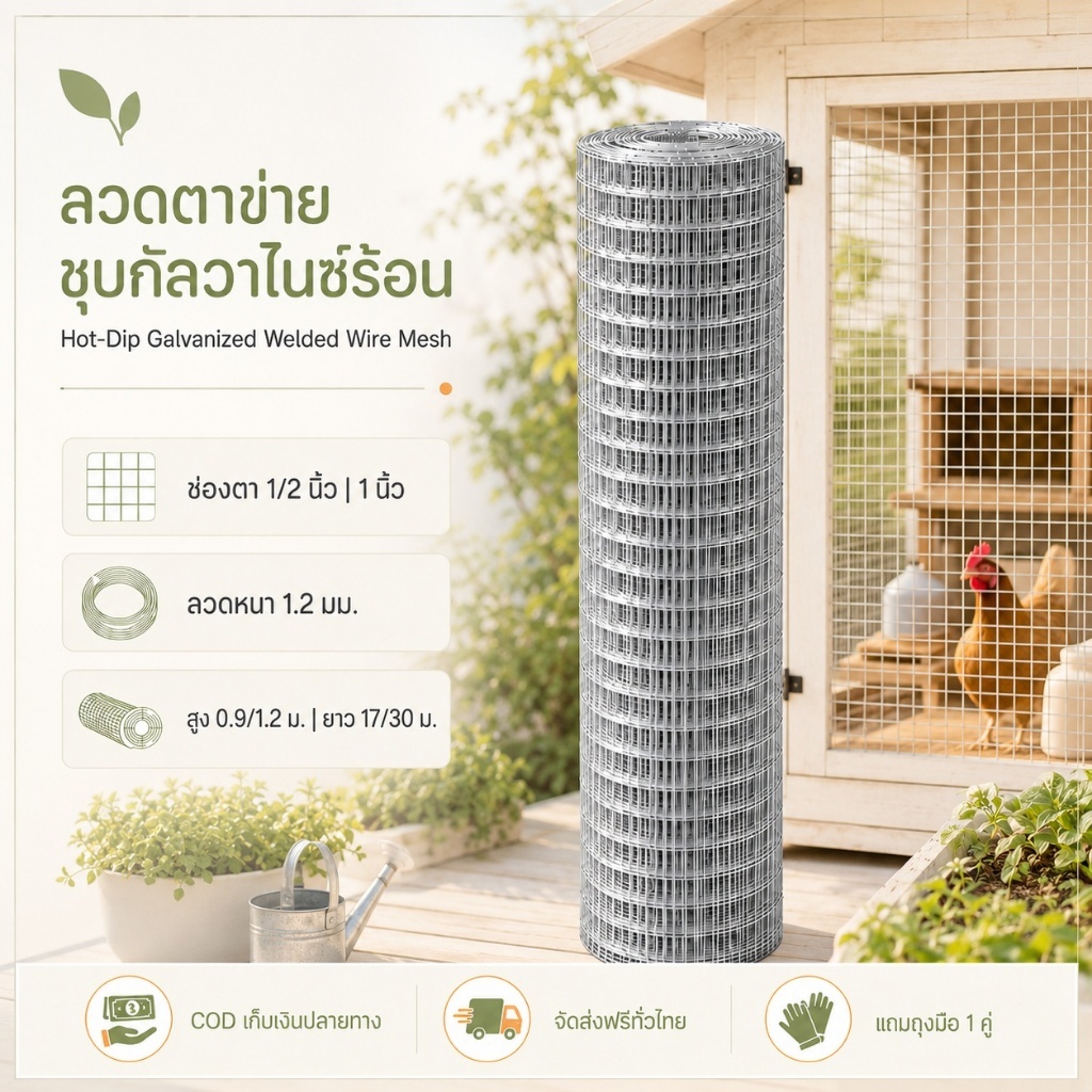 ตาข่ายกรงไก่ ตะแกรงลวดเหล็ก ชุบกัลวาไนซ์ ม้วน 17ม. 30 ม. ตาสี่เหลี่ยมจตุรัส ช่อง 1/2” 1” แข็งแรง ทนทานตะแกรงเหล็ก กรงไก่