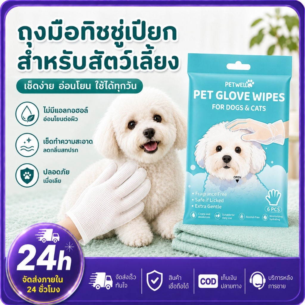 PETWELL ถุงมืออาบน้ำแมว ถุงมือเช็ดทำความสะอาดสัตว์เลี้ยง ใช้ง่าย สูตรอ่อนโยน ลดกลิ่น ทำความสะอาดขน สำหรับแมวและสุนัข