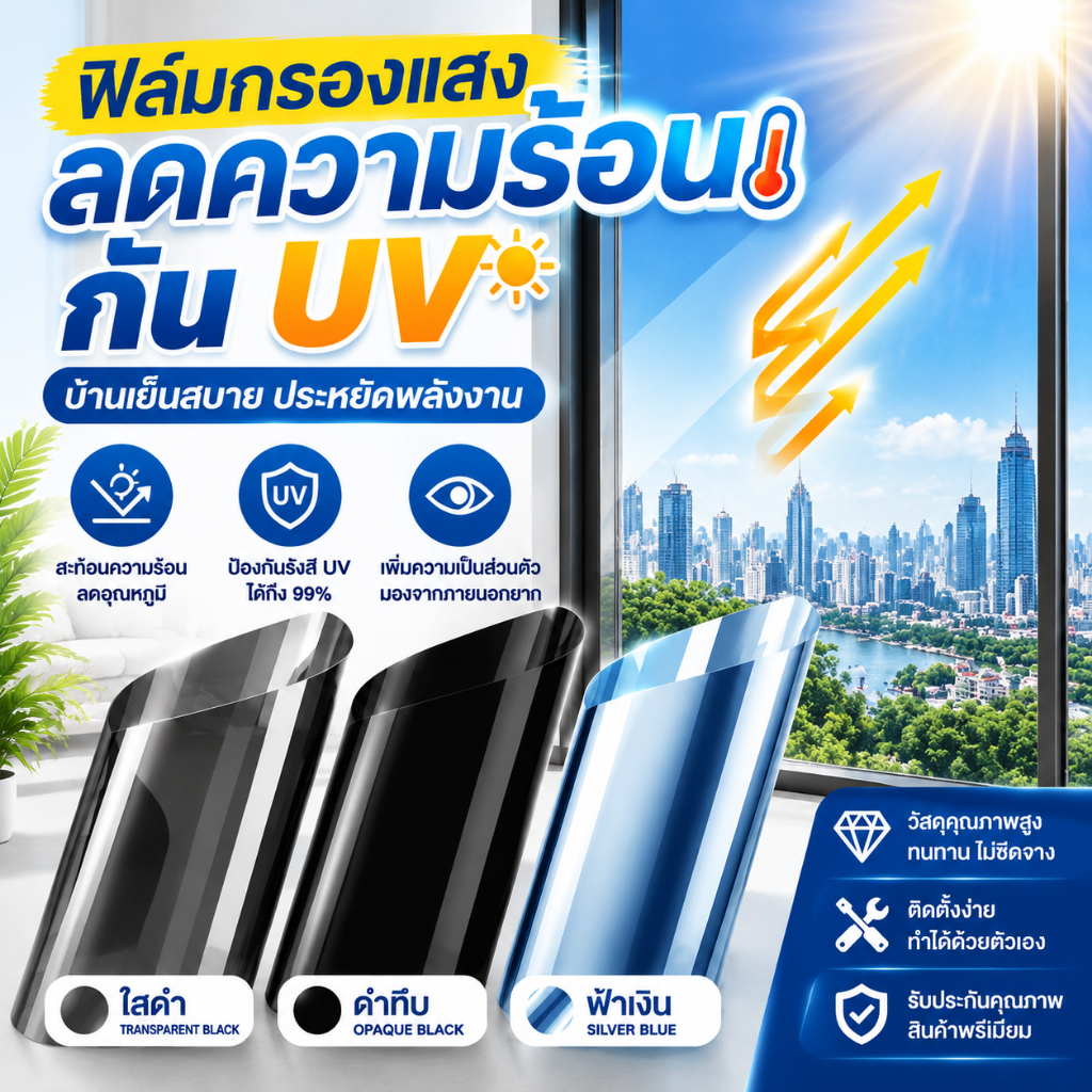 มองเห็นด้านเดียว ฟิล์มติดกระจก ป้องกันรังสี UV 99% ลดแสงสะท้อน UPF50+ ติดง่าย แถมอุปกรณ์ติดตั้ง