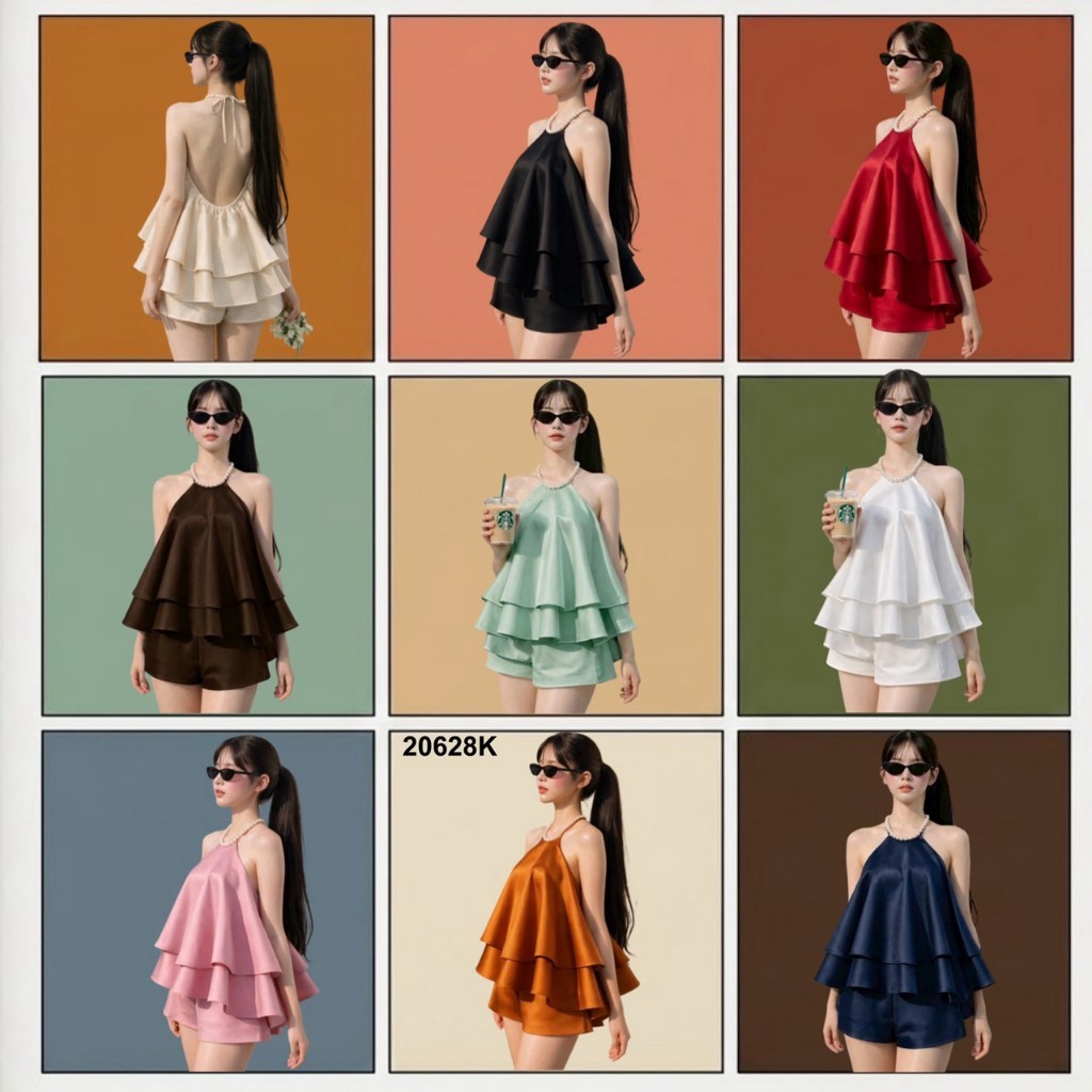 Set 2 ชิ้น สายคล้องคอประดับมุก ระบาย 2 ชั้น+กางเกง TT20628