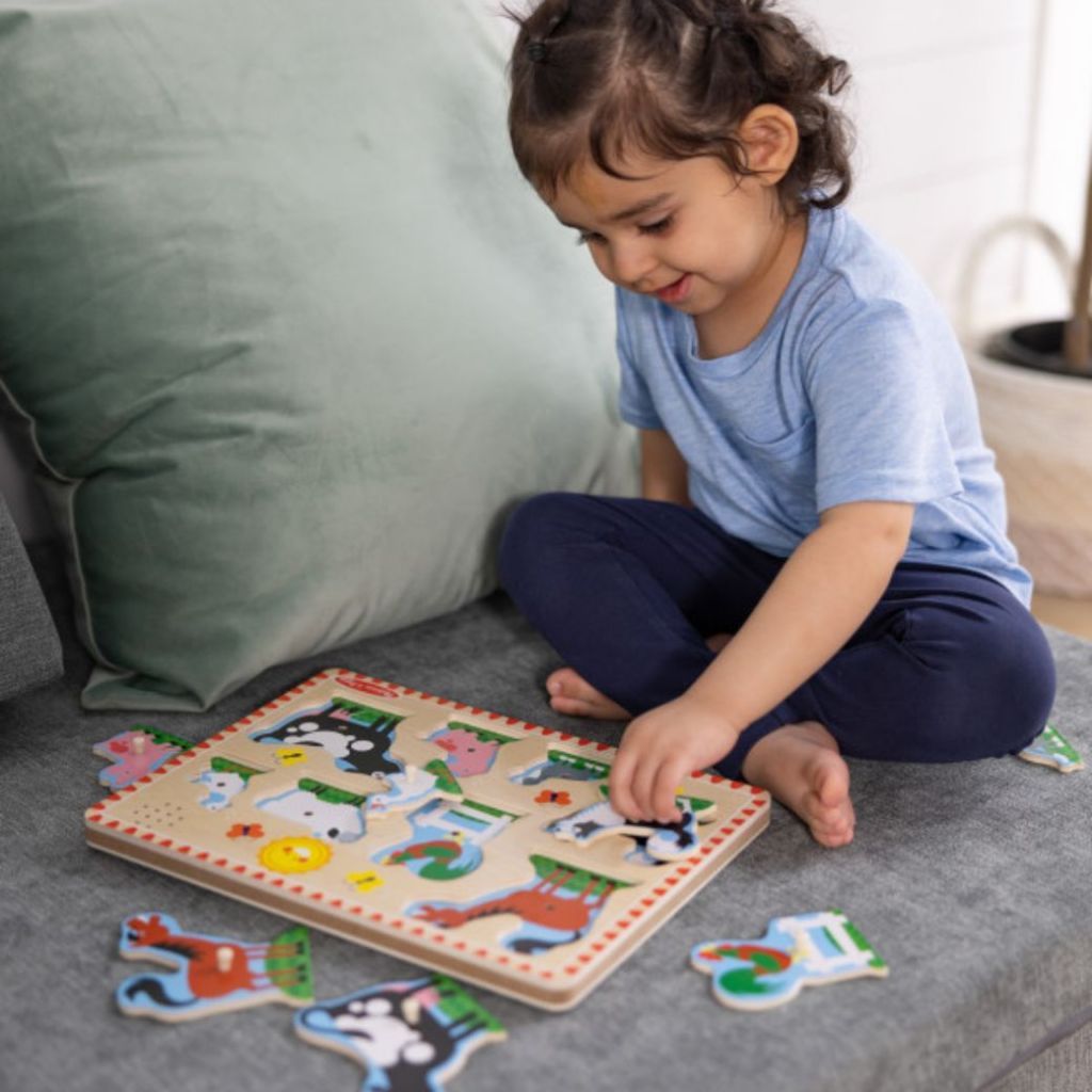 (ของแท้ USA) จิ๊กซอว์ไม้ มีเสียง รุ่นฟาร์ม มีตุ่มจับ สนุก อย่างดี ไม่มียี่ห้อ Sound Puzzle Farm Melissa & Doug ของเล่น — صورة 4