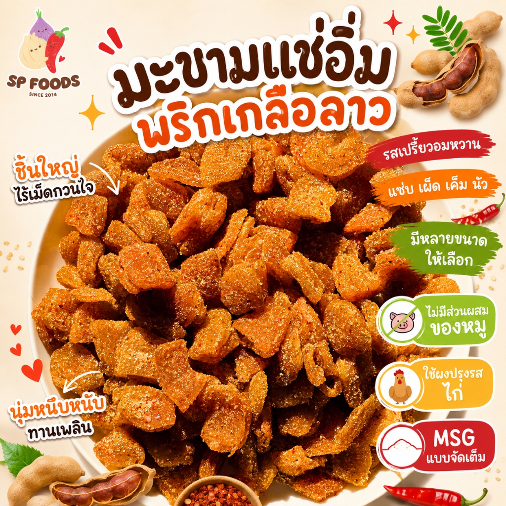 SP FOODS มะขามแช่อิ่มอบแห้ง คลุกพริกเกลือลาว แซ่บ เปรี้ยวอมหวาน