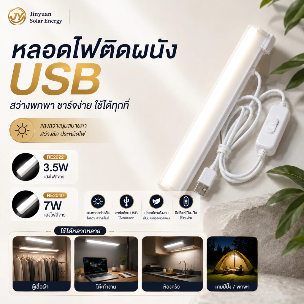 หลอดไฟพกพาLED ติดผนัง สายเสียบUSB ใช้ไฟบ้าน RE2022 3.5W / RE2040 7W แสงไฟสีขาว สายยาว1เมตร30ซม.ไม่มีแบตเตอรี่