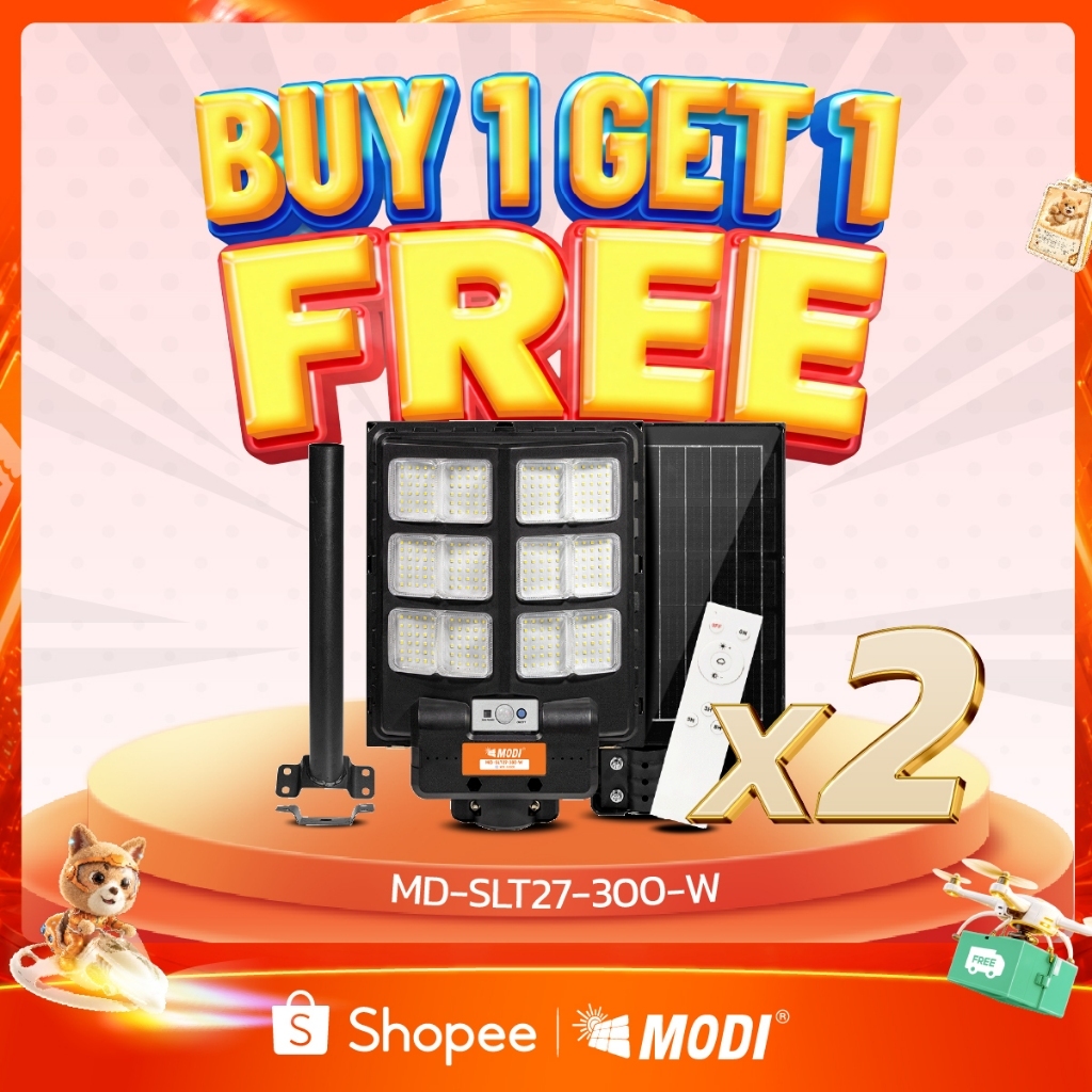 MODI 【ซื้อ1แถม1】ไฟถนนโซล่าเซลล์ 300W แสงขาว ระบบสว่างค้าง รีโมทคอนโทรล Solar street light กันน้ำIP65