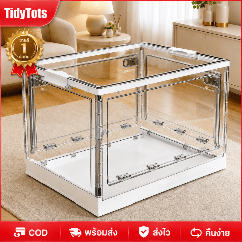 Tidy กล่องเก็บของพับได้ 150L กล่องเก็บเสื้อผ้าขนาดใหญ่ เปิดได้ 3 ด้าน มีล้อ วางซ้อนได้ โปร่งใส ประหยัดพื้นที่