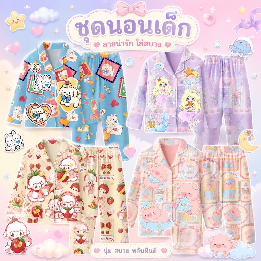 YY180 ชุดนอนเด็กหญิงแขนยาวลายการ์ตูน ผ้าไหมนุ่ม ใส่สบาย เซตเสื้อกางเกงน่ารัก