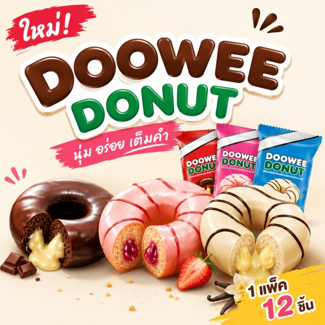 (12 ซอง) ดูวี่ โดนัท DOOWEE DONUT โดนัทเคลือบช็อกโกแลตและสอดไส้ แน่นหนึบคล้ายเนื้อเค้ก 25 กรัม