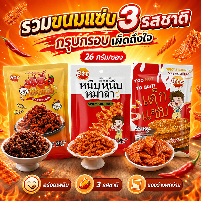 BTC ขนมขบเคี้ยวรสเผ็ด สแน็คกรอบ รสอร่อย Spicy & Bouncy 26g ขนมไทย ของกินเล่น