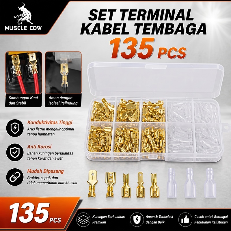 (1 กล่อง มี 135 ชิ้น) หางปลา ทองเหลือง หางปลาต่อสายไฟ ขั้วต่อสายไฟ  แบนตัวผู้และแบนตัวเมีย / หัวเสียบทองเหลือง