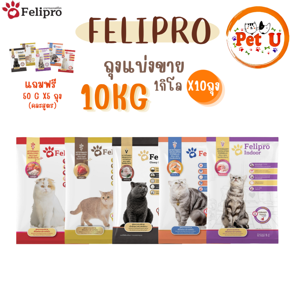 (1 kg x 10 ถุง) Felipro อาหารแมวเฟลิโปร 5 รสชาติ ลดโอกาสการเกิดนิ่ว ถุงแบ่งขนาด 1 kg ** แถมฟรี 50 g x5 ซอง **