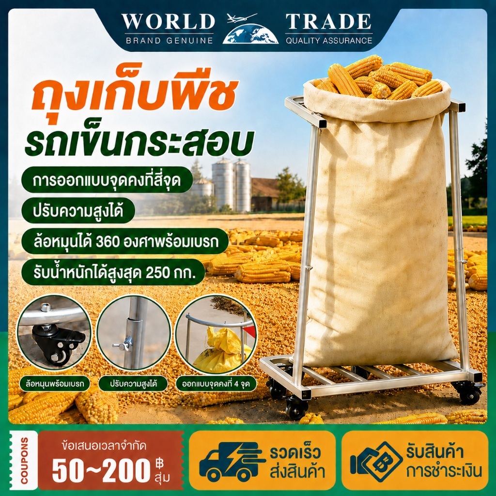 รถเข็นกระสอบ พร้อมเบรคและปรับระดับความสูงได้ ล้อเคลื่อนย้ายสะดวก รถเข็นการเกษตร สำหรับขนปุ๋ย เมล็ดพืช