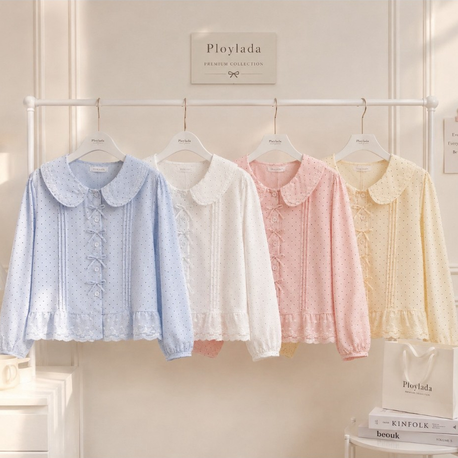 ป้าย Ploylada เสื้อผ้าคอตตอนลายจุดแต่งโบว์จิ๋ว อก 40 นิ้ว ยาว 22 นิ้ว