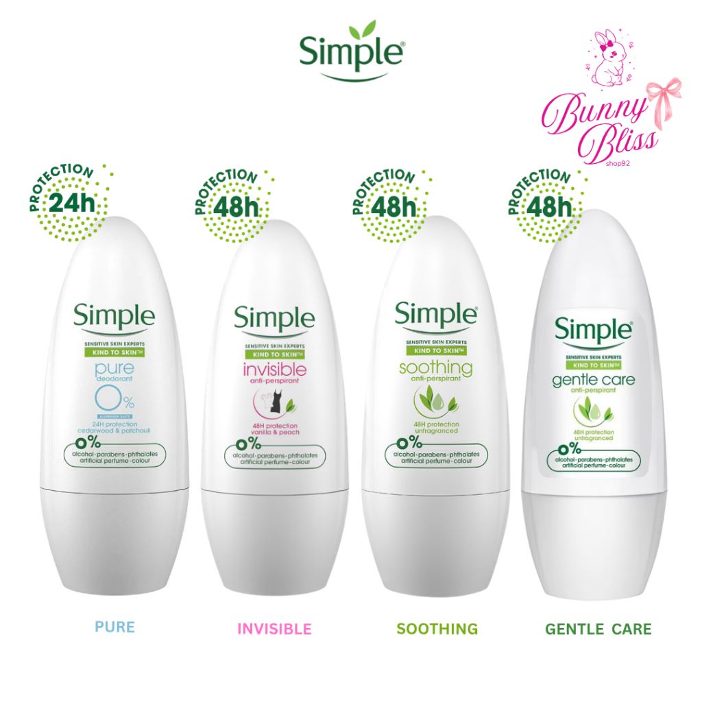 ขายดี! ของแท้ 100% โรลออน  Simple kind to skin 4 สูตร Sooting , Gentle Care , Pure , Invisible 45 ml