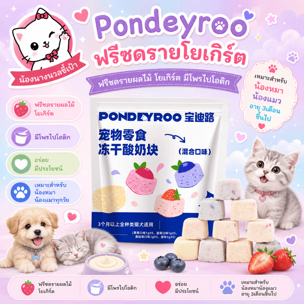 Pondeyroo ขนมฟรีซดรายโยเกิร์ตผสมผลไม้ รสรวม มีโปรไบโอติก สำหรับสุนัขและแมว