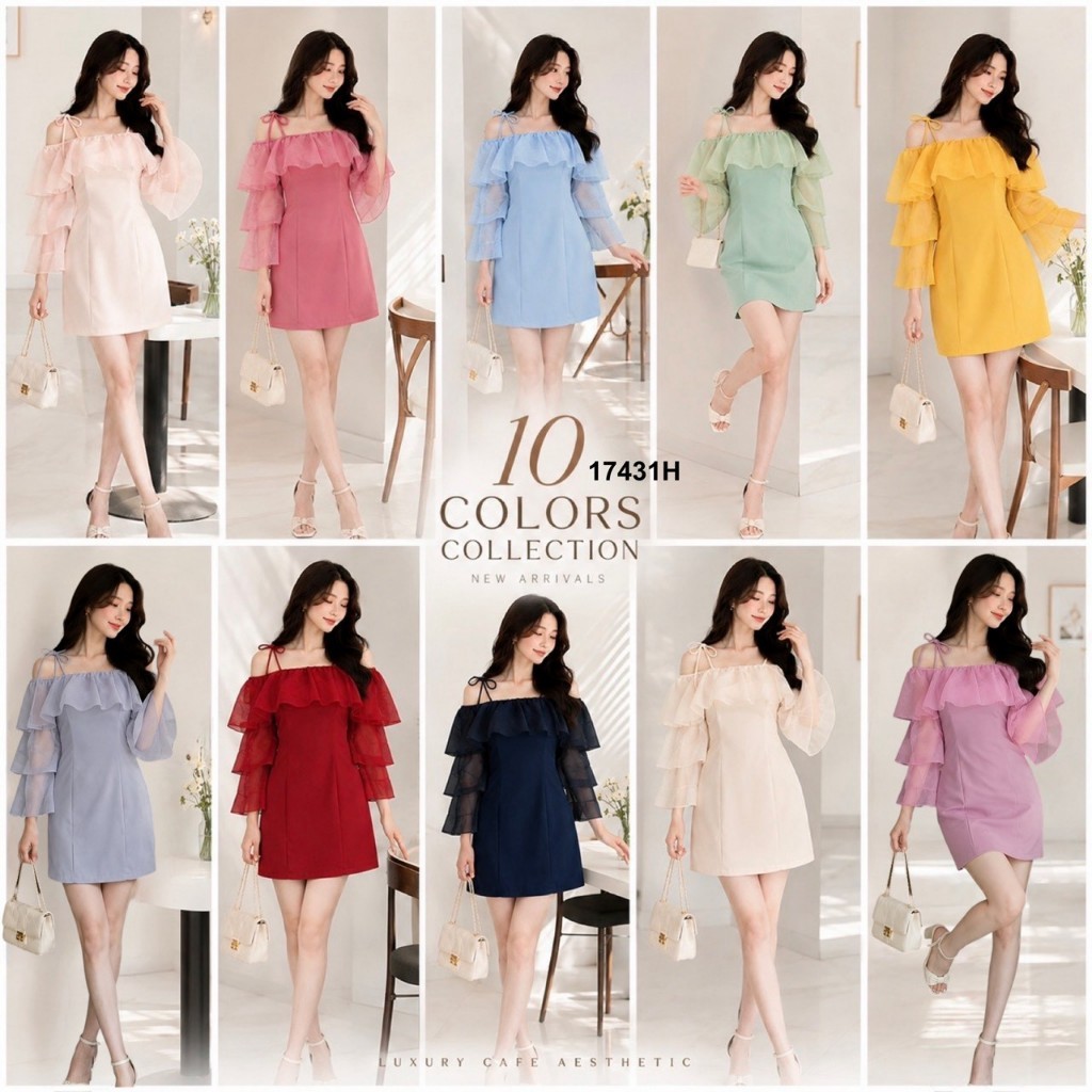 เดรสปาดไหล่สายเดี่ยวผูกไหล่ แขนระบายผ้าแก้ว 3 ชั้น TW17431 TwinsShopVip พร้อมส่ง