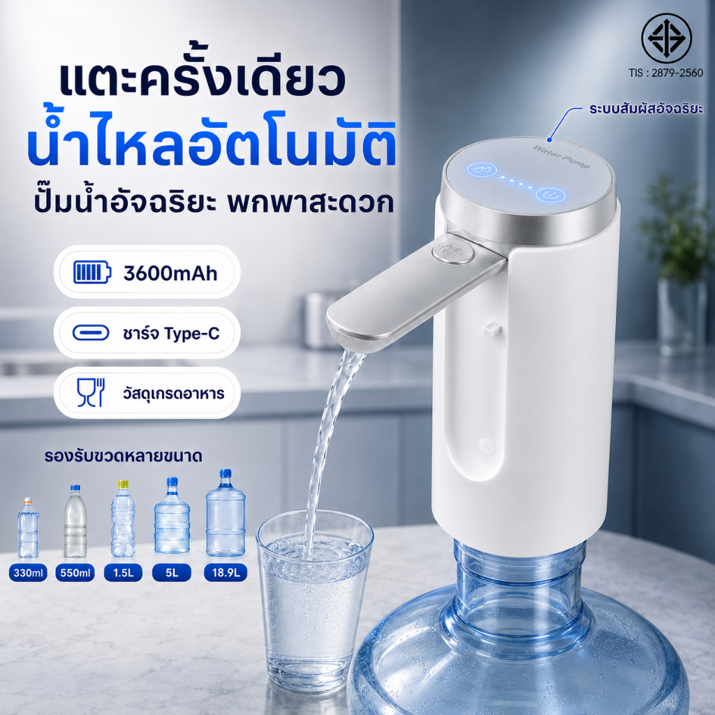 รับประกัน 5ปี เครื่องกดน้ำอัตโนมัติ 3600mAh หน้าจอแสดงผล LED 3 โหมด พับได้ ที่ปั๊มน้ำดื่ม ที่กดน้ำ เครื่องปั๊มน้ำ
