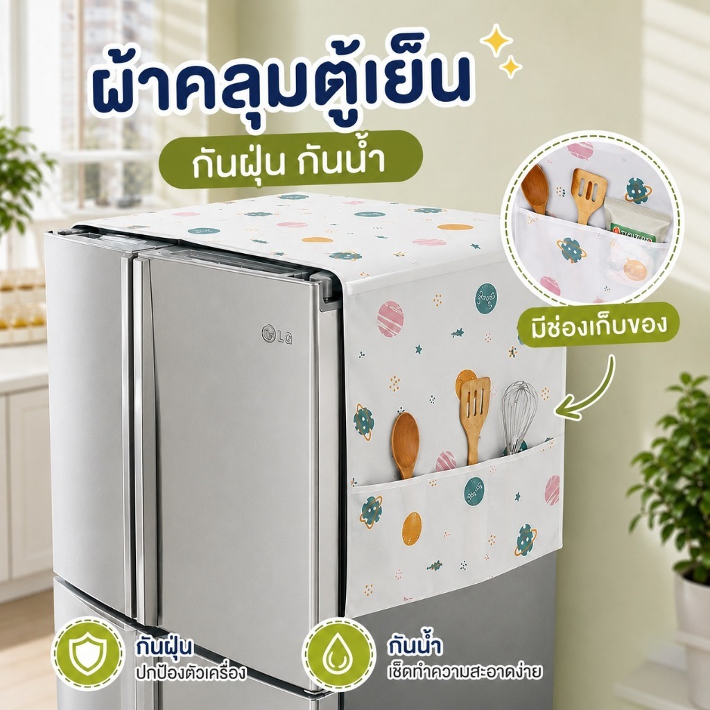 ผ้าคลุมตู้เย็น กันฝุ่น กันน้ำ ทำความสะอาดง่าย มีช่องเก็บของด้านข้าง 2 ชั้น ผ้าคลุมเครื่องใช้ไฟฟ้า