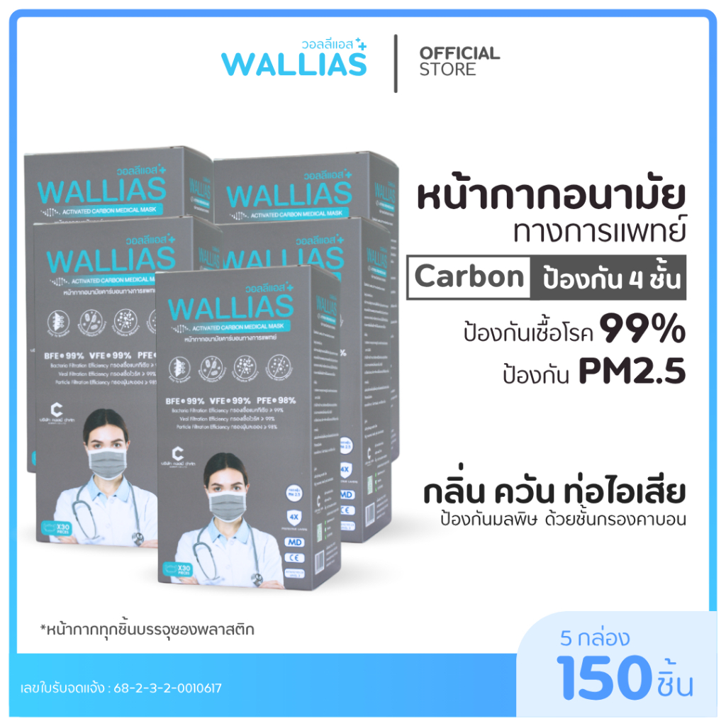 【5 กล่อง】หน้ากากอนามัยคาร์บอน Wallias 1กล่อง30ชิ้น หนา 4 ชั้น Activated Carbon Medical Mask แมสก์กันฝุ่น PM2.5