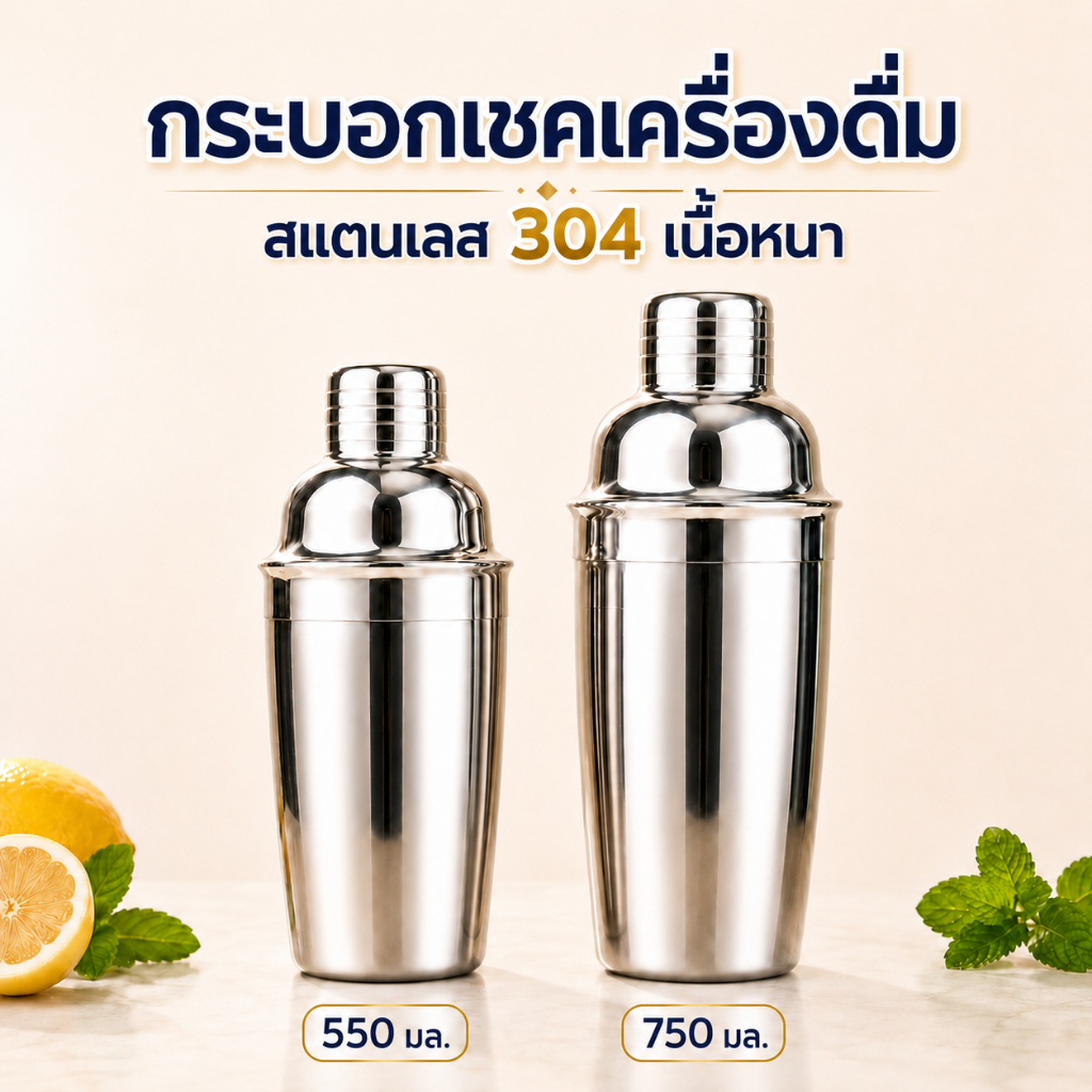 กระบอกเชคสแตนเลสสำหรับค็อกเทล เชคเกอร์ ชานม นํ้าผลไม้ เชคเกอร์ผสมเหล้า มีขนาด 550ml/750ml