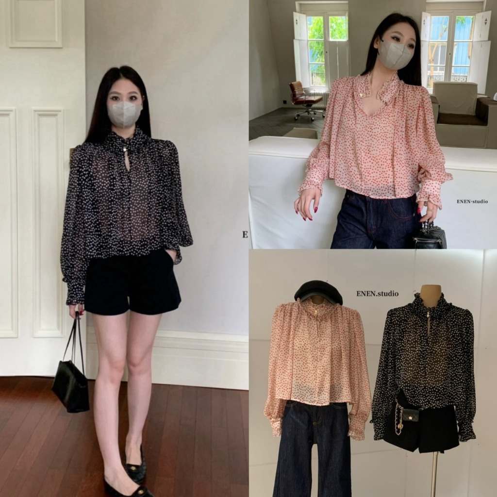 เสื้อแขนยาวคอปีน ลาย polka dot - 10941 TAG WG.WE 🇰🇷