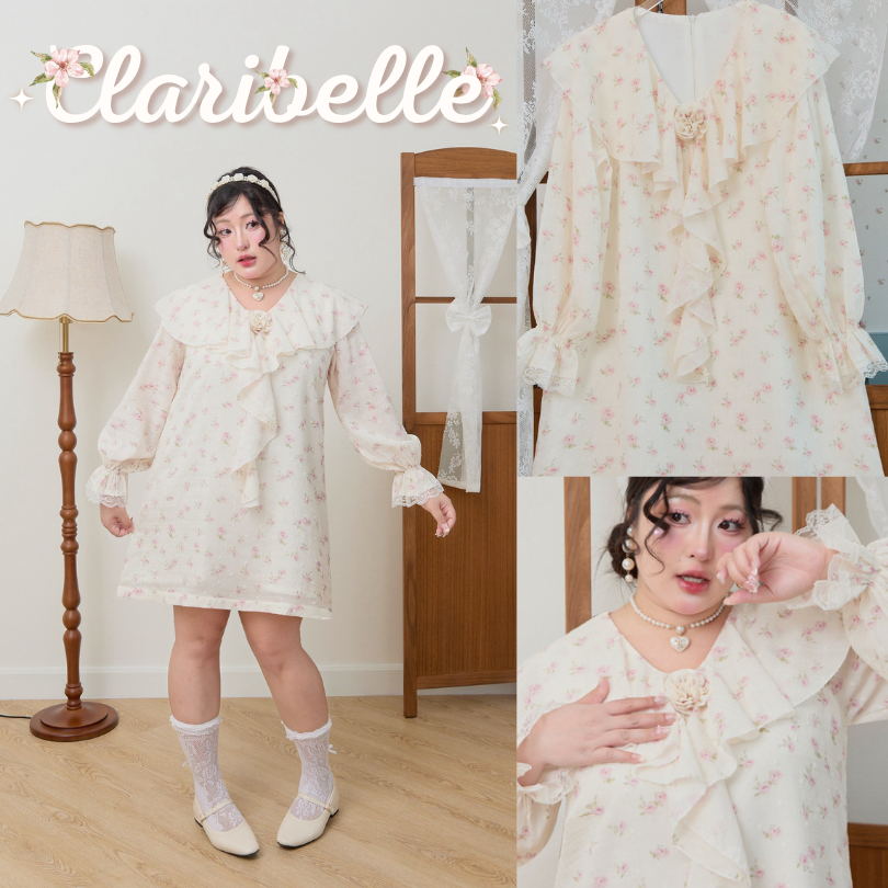 SOULMATE CLARIBELLE #SM4325 มินิเดรสผ้าชีฟองลายดอกไม้แขนยาว + เข็มกลัด