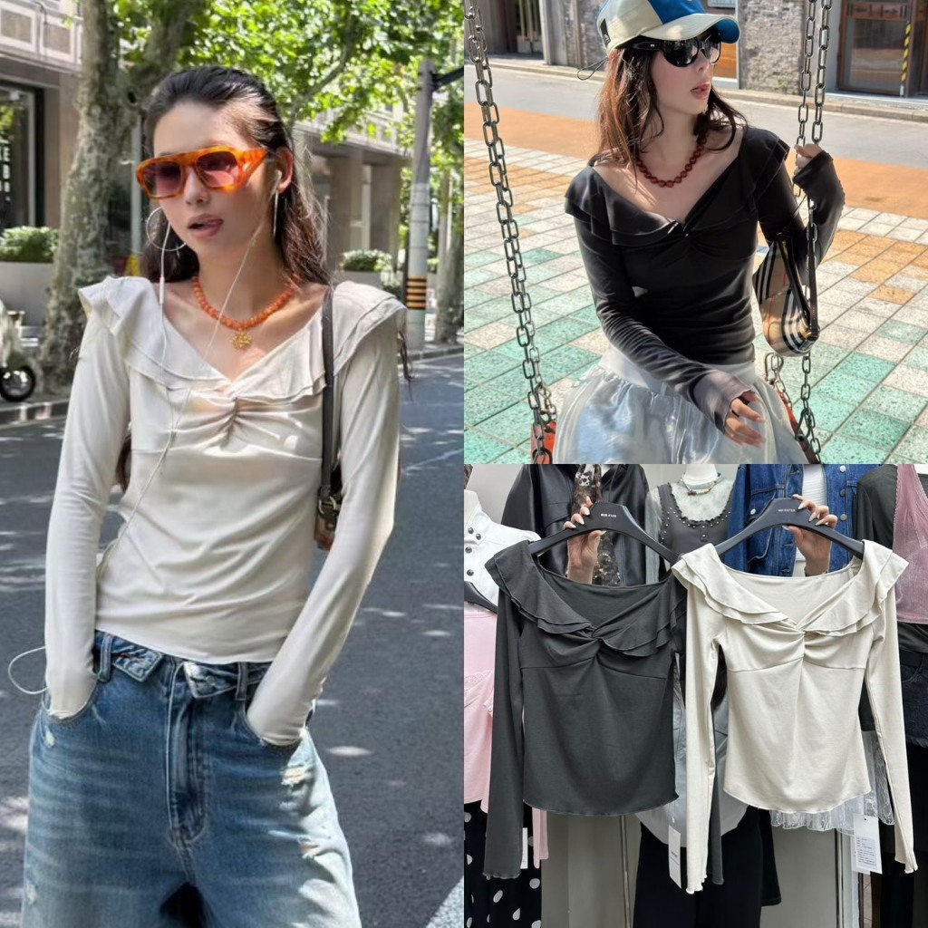 🧵🧡 🇰🇷 SU598 เสื้อแขนยาวแต่งระบาย + จับเกลียวช่วงอก ลุคสาวเกาหลีสุดน่ารัก แฟชั่นเกาหลี TAG MM Fish ✈