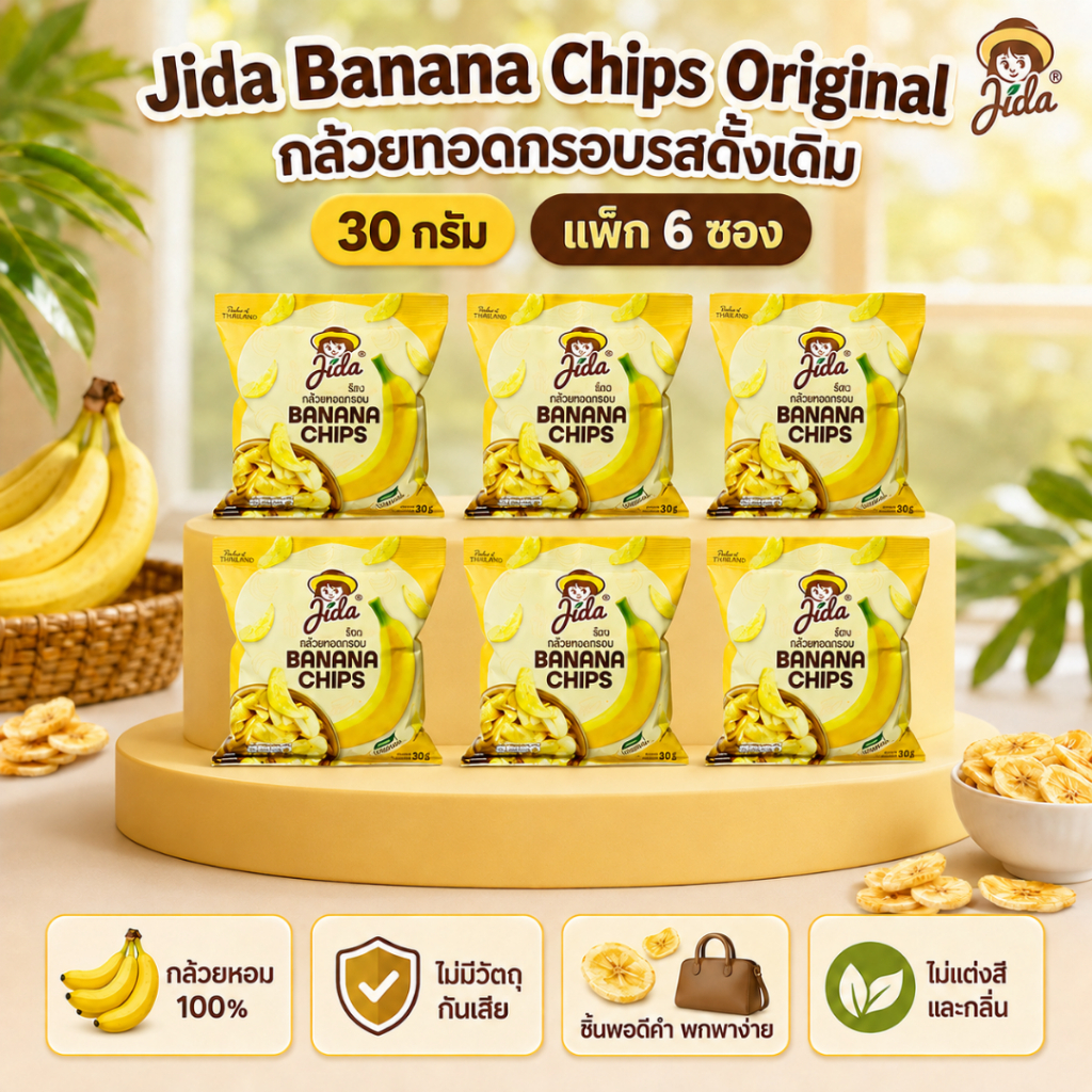 [6 ซอง] Jida Chips 30 g กล้วยหอมกรอบ รสดั้งเดิม | Banana Chips Original Flavor