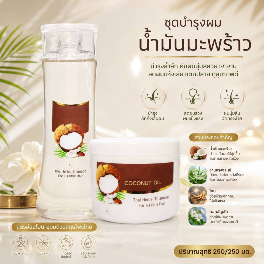 ทองสุข แชมพู/ ทรีทเม้นท์ น้ำมันมะพร้าว ผมอ่อนแอ ขาดหลุดร่วง แตกปลาย แห้งเสีย กลิ่นหอม สมุนไพรไทย
