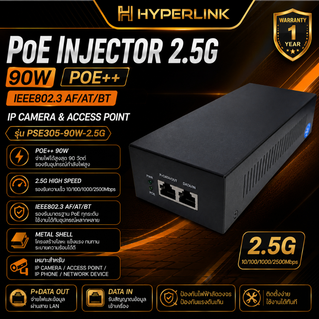 PoE Injector 2.5G 90W POE++ IEEE802.3 AF/AT/BT IP Camera & Access Point (Metal Shell) รุ่น PSE305-90