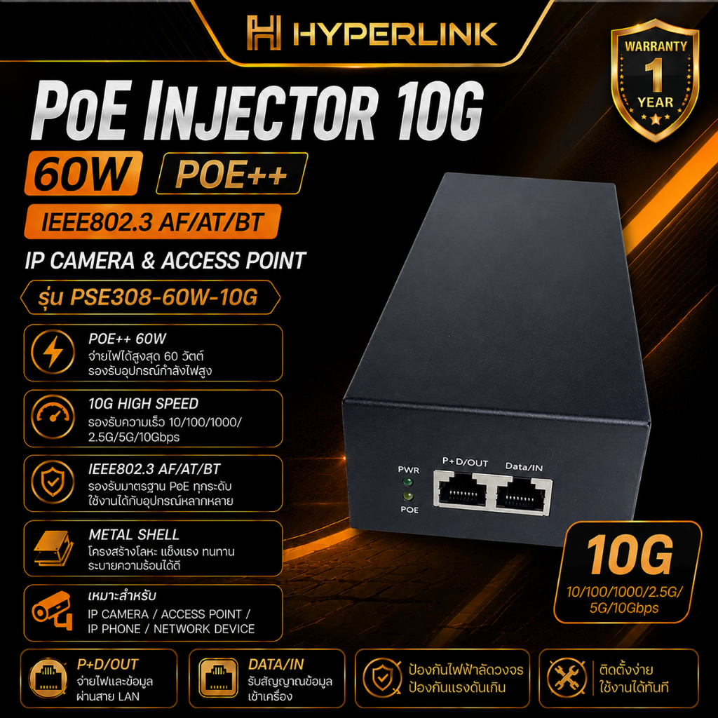 PoE Injector 10G 60W POE++ IEEE802.3 AF/AT/BT IP Camera & Access Point (Metal Shell) รุ่น PSE308-60W