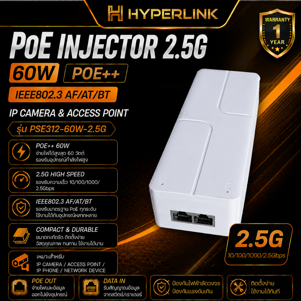 PoE Injector 2.5G 60W POE++ IEEE802.3 AF/AT/BT IP Camera & Access Point (สีขาว) รุ่น PSE312-60W-2.5G