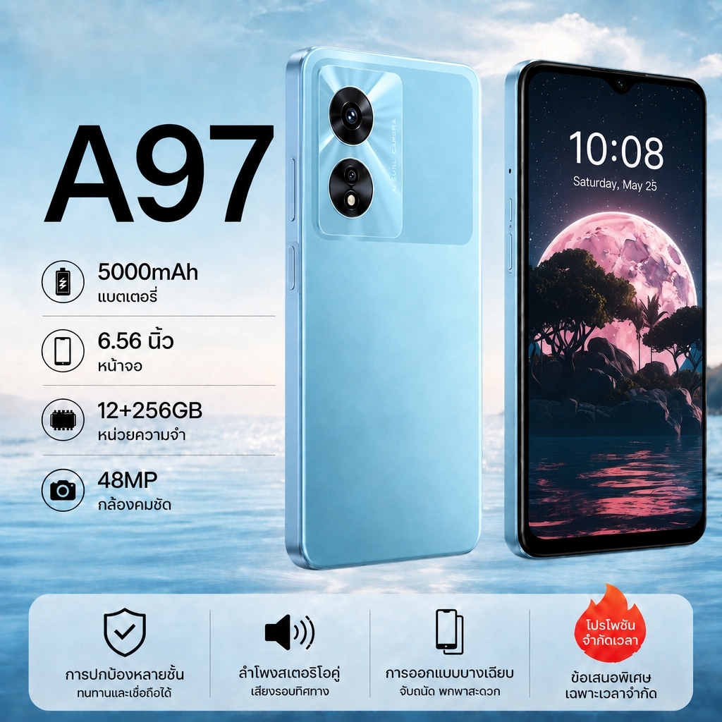 มือถือ A97 RAM 12GB ROM 256GB แถมฟรีเคส+ฟิล์มกันรอย สั่งซื้อรับประกันเพิ่มอีก 12 เดือน
