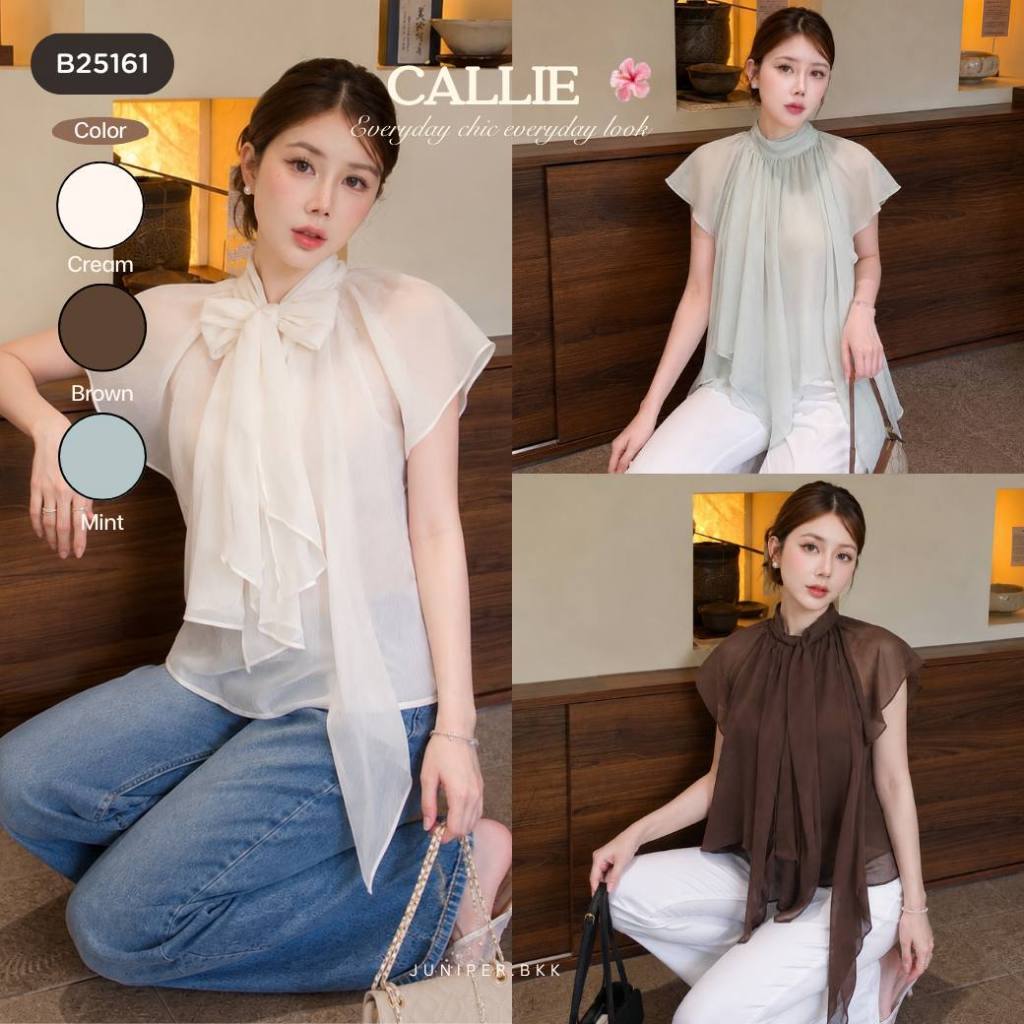 JUNIPER.BKK เสื้อชีฟองผูกโบว์ ผ้าชีฟองบางเบา2ชั้น สีอ่อนมีความโปร่ง ผูกได้หลายแบบ ลุคเรียบหรู ใส่ทำง