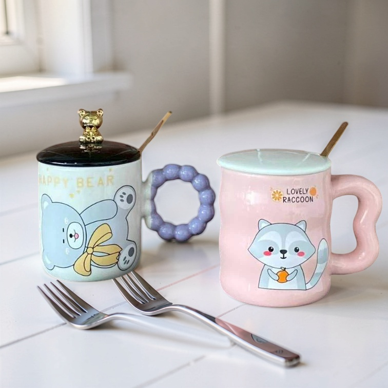 แก้วกาแฟ ชา นม แก้วมัคเซรามิค ลายการ์ตูนน่ารัก มีฝาปิดพร้อมช้อน กาแฟราคาถูก เข้าไมโครเวฟได้