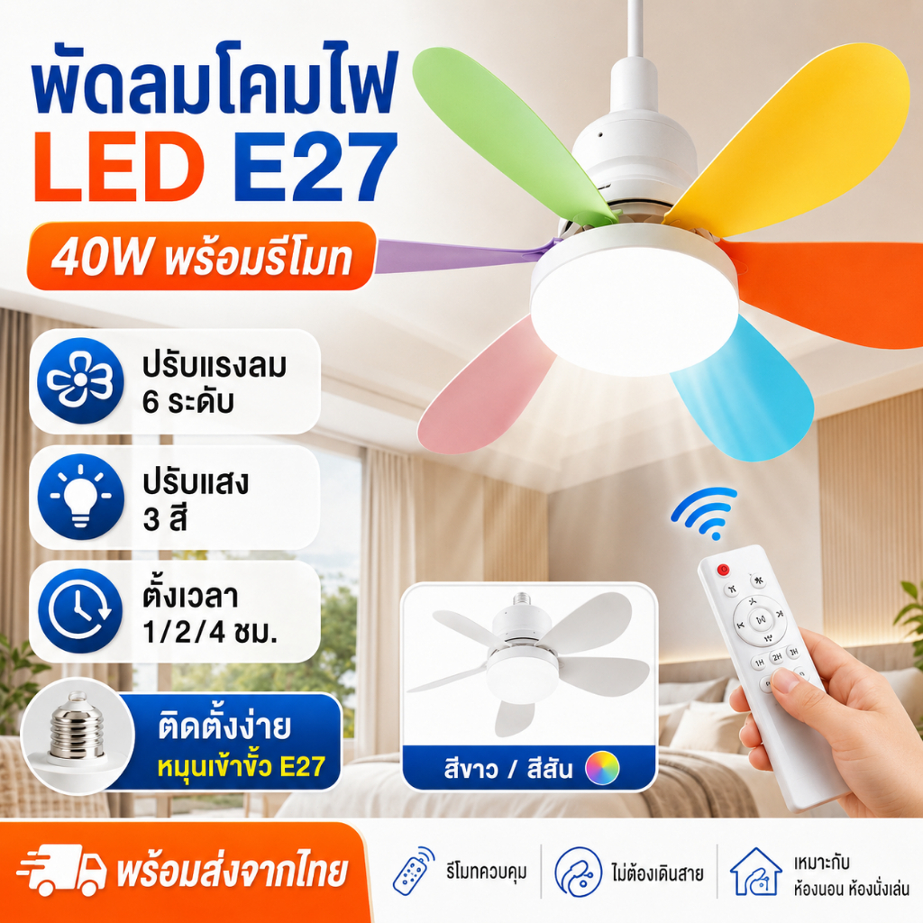 ส่งจากไทย พัดลมโคมไฟเพดาน LED ขั้ว E27 40W พร้อมรีโมท ปรับแสง 3 สี ปรับแรงลม 6 ระดับ ใบพัดถอดได้ ห้องนอน ห้องนั่งเล่น