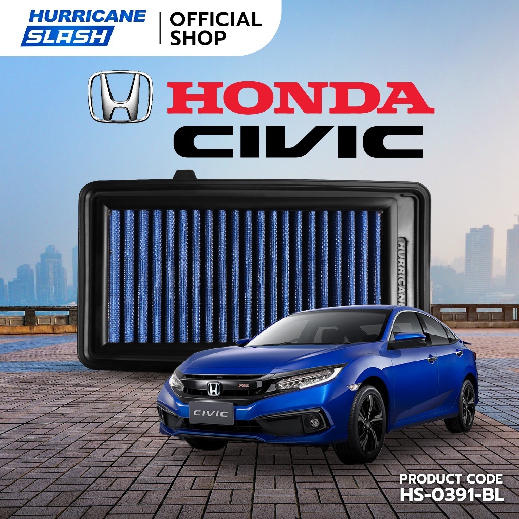 HURRICANE SLASH กรองอากาศผ้าน้ำเงินรุ่นใหม่ล่าสุด Honda ( Civic FC Turbo ) HS-0391-BL