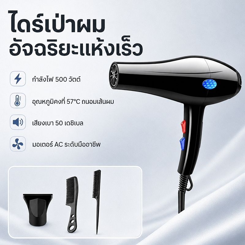 ไดร์เป่าผม 3000W ไฟ LED ลมแรง สายยาว 1.6 เมตร แสงสีฟ้าไอออนบำรุงเส้นผม ลมร้อน‑ลมเย็น ปรับอุณหภูมิได้ 6 ระดับ