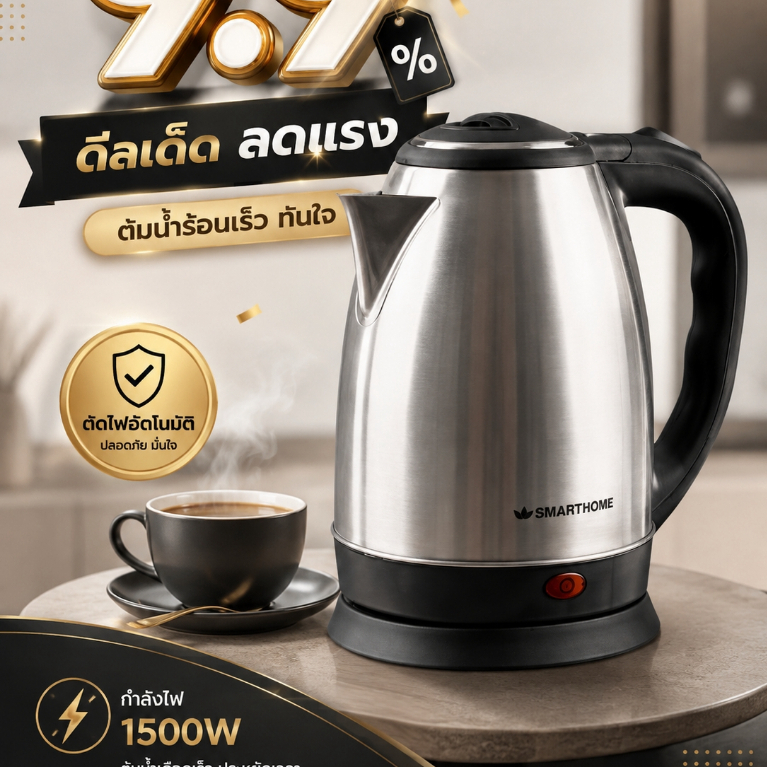 กาต้มน้าสแตนเลส 1.8 ลิตร SMARTHOME รุ่น CA-1009 รับประกัน 3 ปี