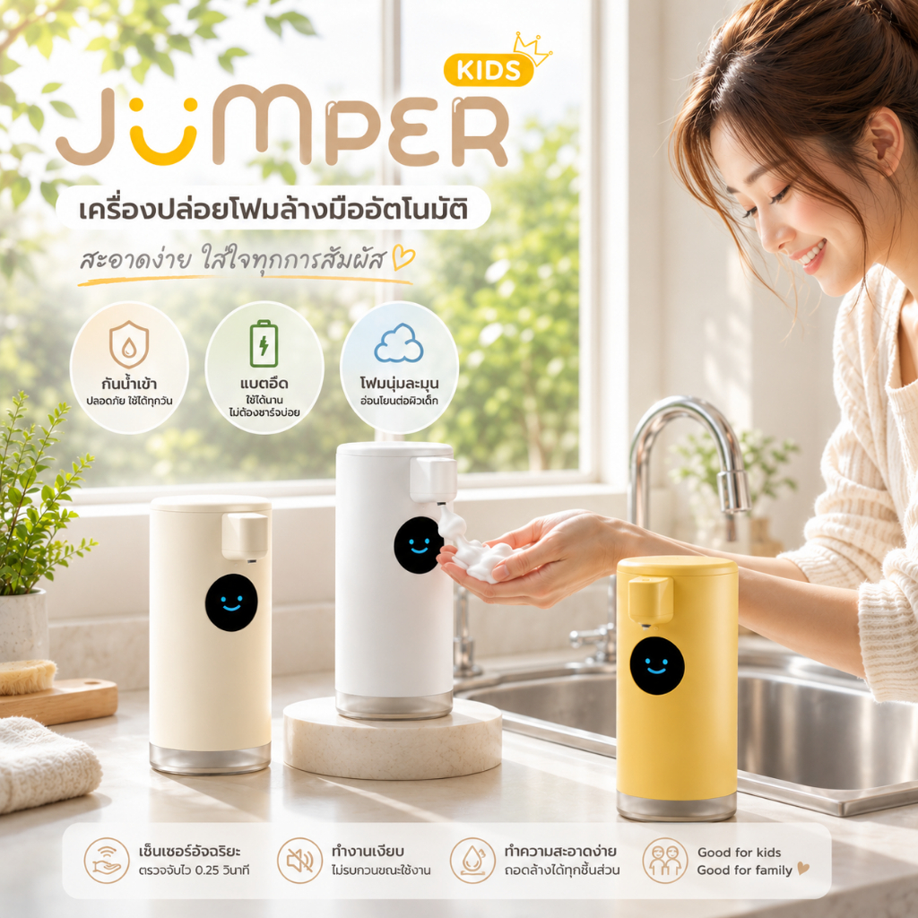Jumper เครื่องปล่อยโฟมล้างมืออัตโนมัติ เครื่องกดสบู่ล้างมือ Soap Dispenser แบตนานขึ้น แบบชาร์จไฟ TYPE-C