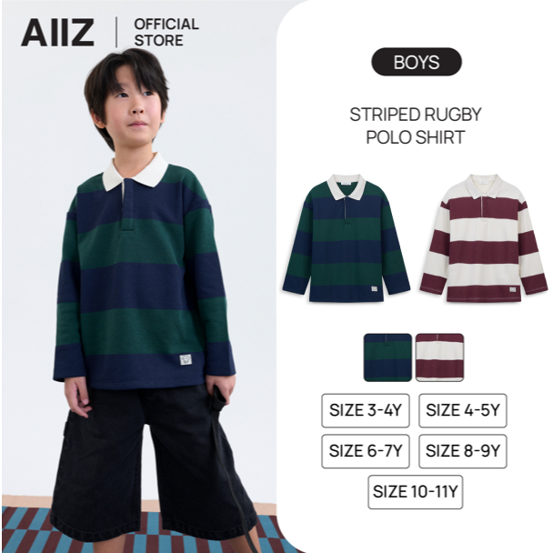 AIIZ เสื้อโปโลเด็กผู้ชายแขนยาวลายทาง AIIZ Boy's Striped Rugby Polo Shirt