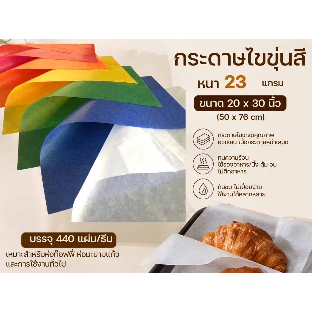 กระดาษไขขุนขาว-ไขขุ่นสี สำหรับห่อทุเรียน / รองขนมเค้ก / รองขนมปัง / ห่อทอฟฟี่(ตัดฟรี)-food grade